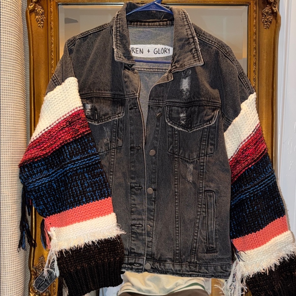 Wren + Glory Denim Jacket with Knit Sleeves